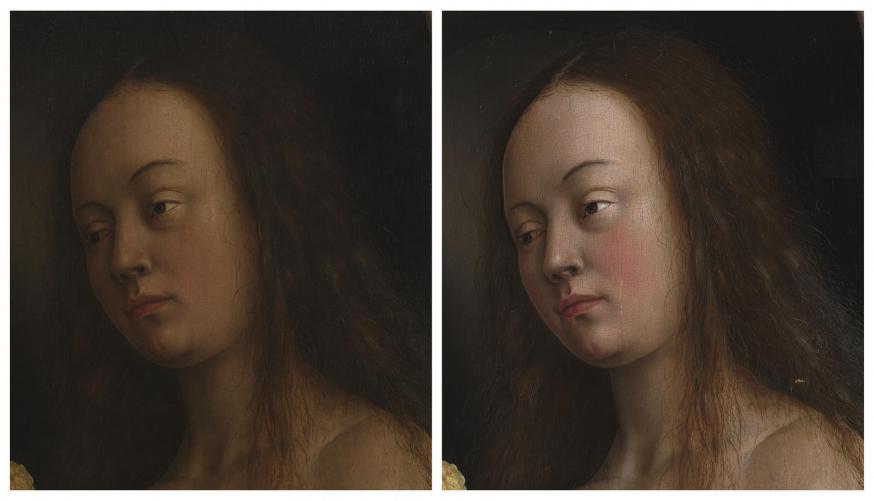 Detail van het hoofd van Eva voor (links) en na (rechts) behandeling. © Sint-Baafskathedraal Gent, www.artinflanders.be, foto KIK-IRPA
