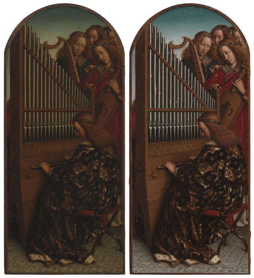 Musicerende engelen voor en na de vernisafname. © Sint-Baafskathedraal Gent, www.artinflanders.be, foto KIK-IRPA