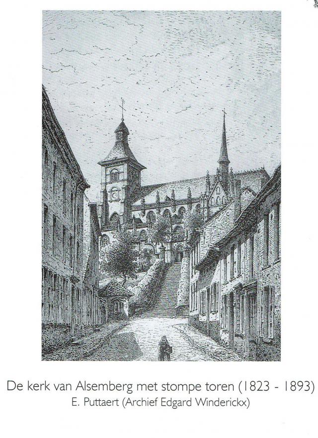 Ets van de kerk met stompe toren na de instorting in 1807. 
