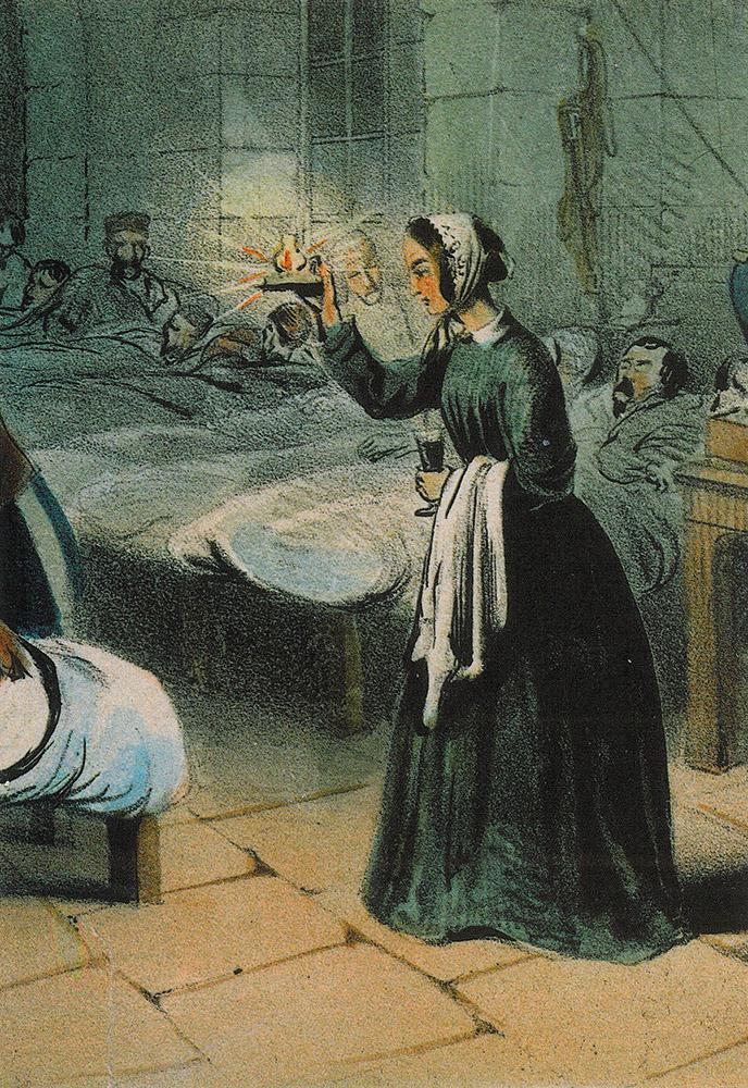 'Lady with the lamp', Florence Nightingale aan het werk in de legerkazerne van Scutari tijdens de Krimoorlog. Door J.A. Benwell, 1855. © WikiCommons