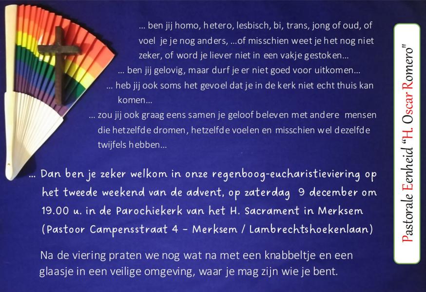 Flyer regenboogviering 9/12 © PE Heilige Oscar Romero en interdiocesane werkgroep homoseksualiteit en geloof