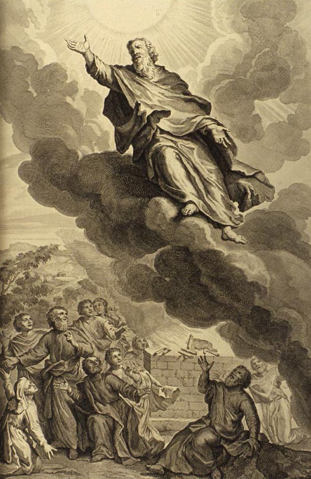 Henoch 'wandelt met God' en wordt in de hemel opgenomen. Illustratie uit 'Figures de la Bible', 18de eeuw. © Wikicommons