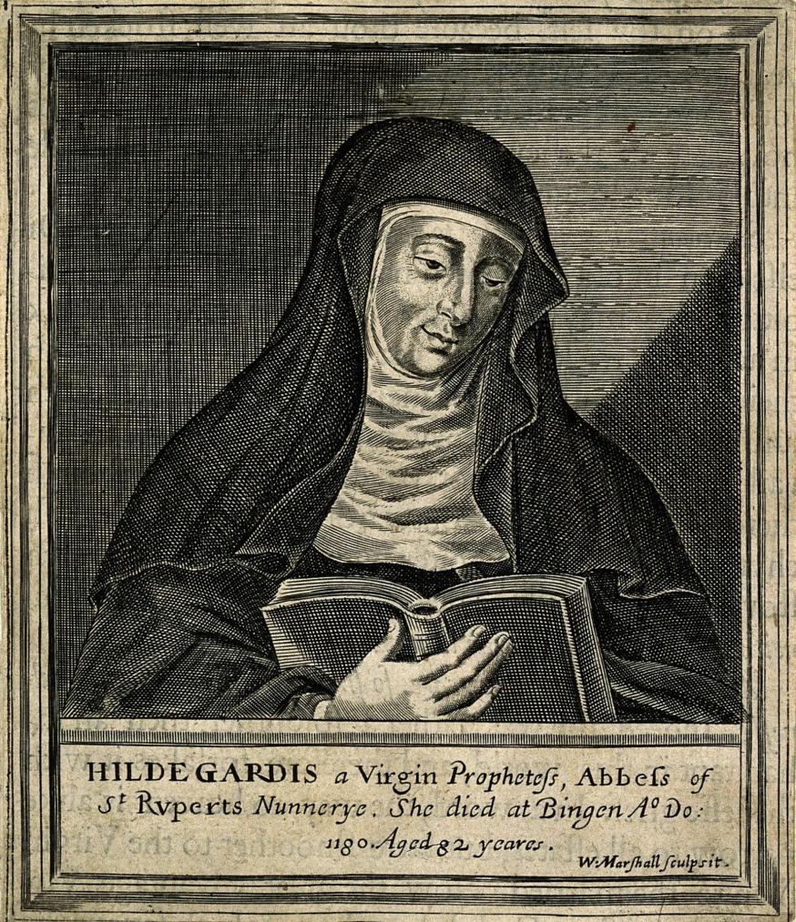 Hildegard von Bingen. © Wiki: By https://wellcomeimages.org/indexplus/obf_images/da/f1/0c6a1af1819a4746c3fbcb70226e.jpgGallery: https://wellcomeimages.org/indexplus/image/V0002761.htmlWellcome Collection gallery (2018-03-30): https://wellcomecollection.org/works/ksgp4cdy CC-BY-4