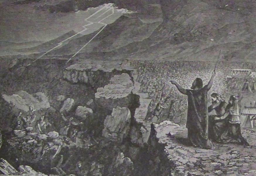 Korach en zijn aanhangers worden verzwolgen door de aarde. Illustratie uit de Holman Bijbel, 1890. © Wikicommons