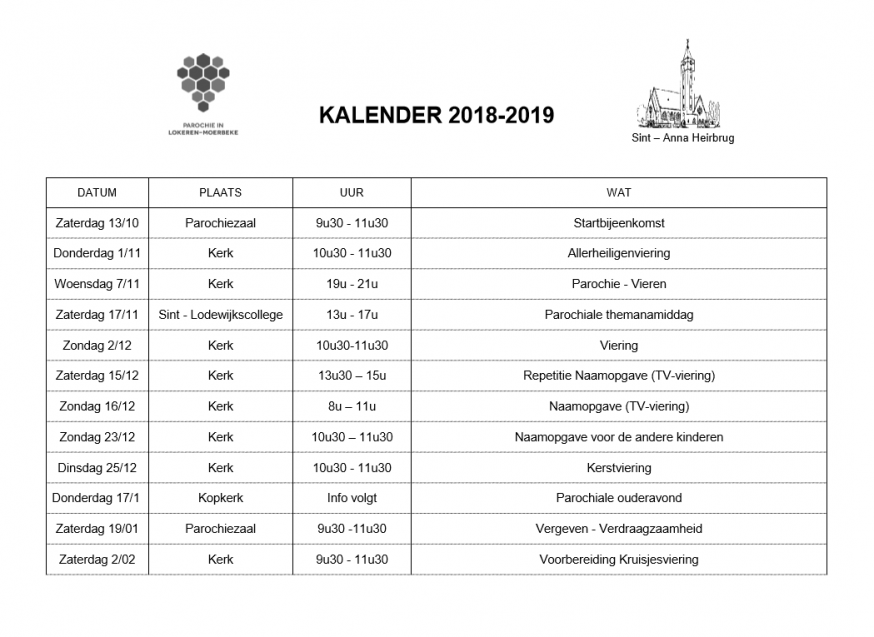 2018-2019 kalender catechese Heirbrug 