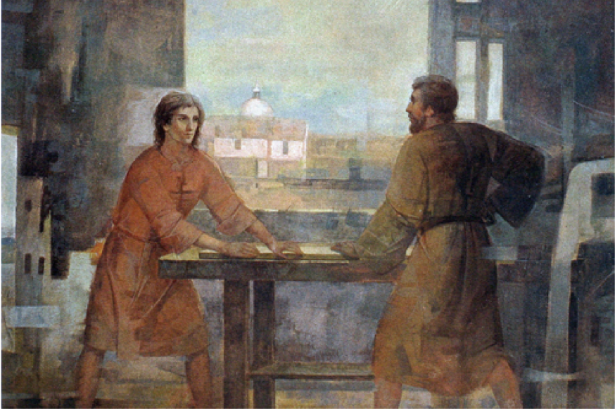 Jezus en Jozef aan het werk (detail) door Mario Bogani, Italiaans kunstschilder (1932-2016) © Wikimedia Commons