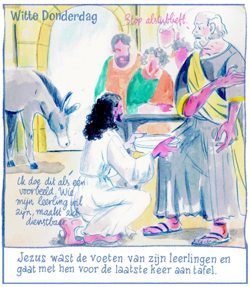 Jezus wast de voeten van de leerlingen, maar Petrus begrijpt het niet. © Real Comics / Dido Drachman