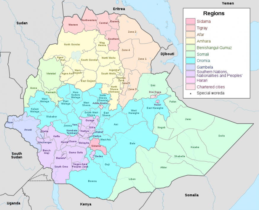 Kaart van Ethiopië met de verschillende regio's © Wikipedia Kaart van Ethiopië met de verschillende regio's © Wikipedia