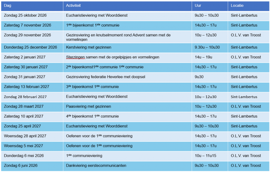 Kalender eerste communie 2026-2027 