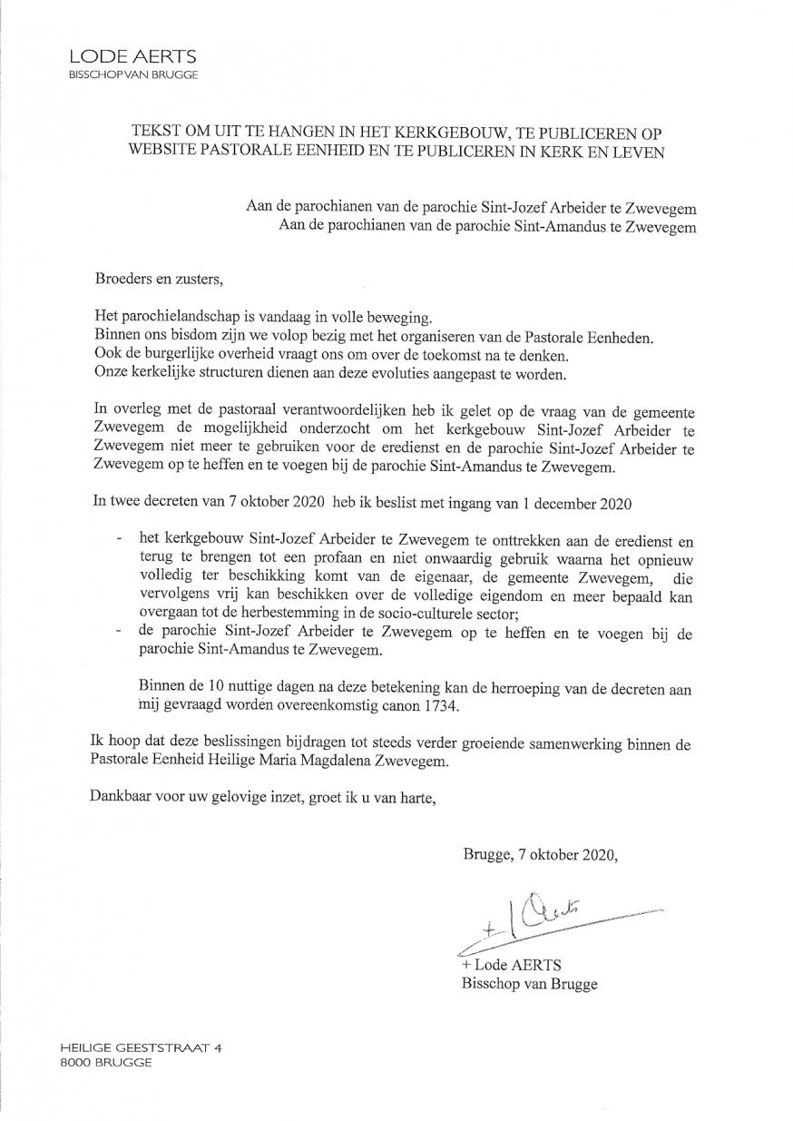 Schrijven van Bisschop Lode Aerts aan de parochianen van de parochies Sint-Amandus en Sint-Jozef-Arbeider Zwevegem © Kerk in Zwevegem / Communicatie / Sint-Jozef-Arbeider Zwevegem