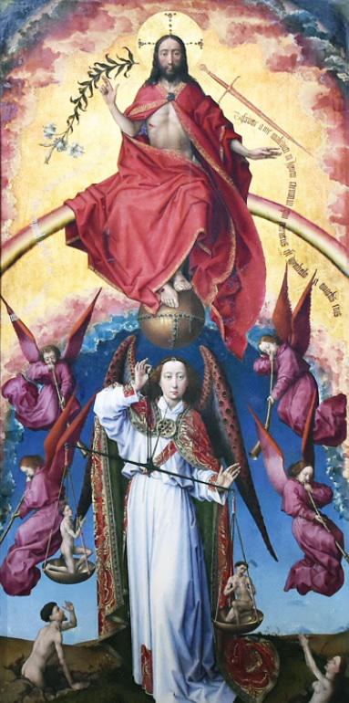 Detail uit het retabel "Het Laatste Oordeel" door Rogier Van Der Weyden, 1440-1449, Hospices de Beaune, Frankrijk. 