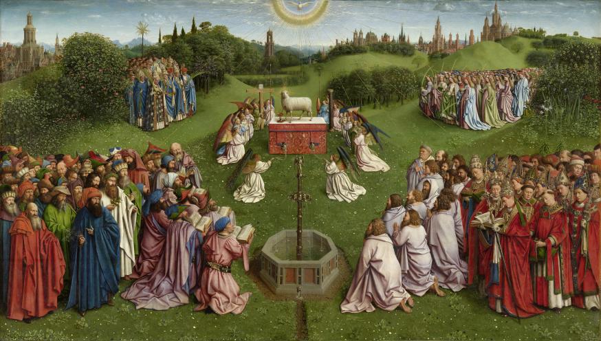 Centraal paneel van het altaarstuk “De aanbidding van het Lam Gods” (1432) door de gebroeders Van Eyck, Sint-Baafskathedraal Gent - met dank aan artinflanders.be voor de afbeelding 