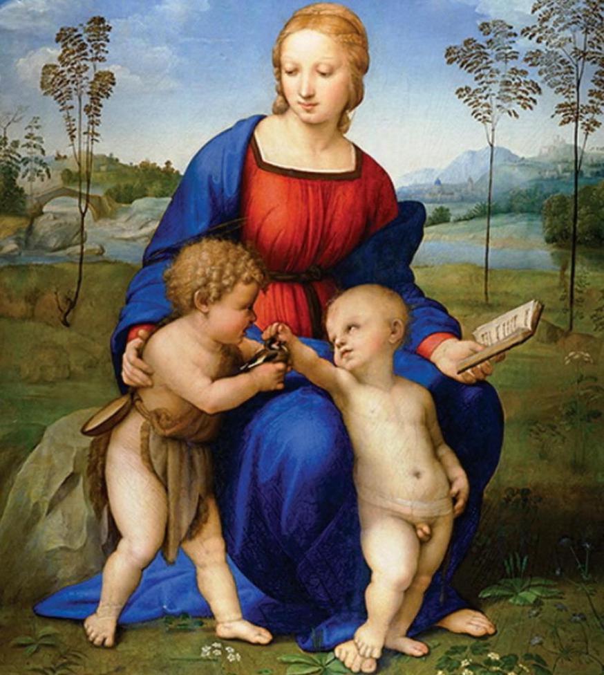 Madonna del Cardellino, Rafaël. Maria met Jezus en Johannes, die een distelvinkje bij heeft, symbool van Christus' passie. © WikiCommons