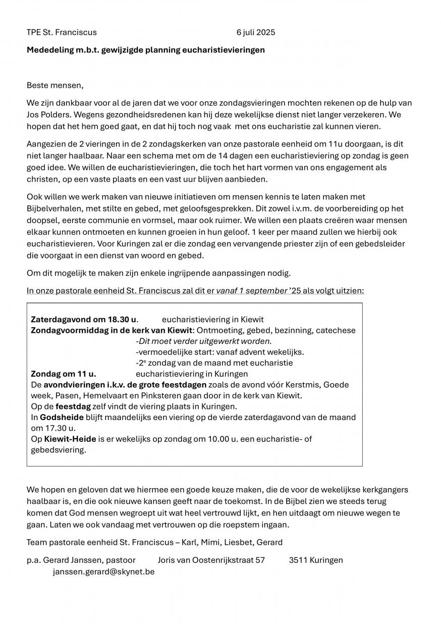 Mededeling vieringen Kiewit-Kuringen 