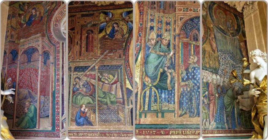 Deze mozaïek aan de gevel van de Santa Maria Maggiore beeldt de stichtingslegende van de kerk uit: de droom van paus Liberius en van Johannes, het gesprek tussen de twee en de sneeuw op de plek waar de kerk zou komen. © WikiCommons