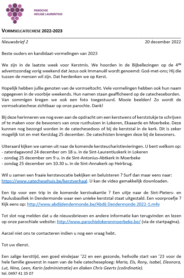 Vormselcatechese 2022-2023 - Nieuwsbrief 2 