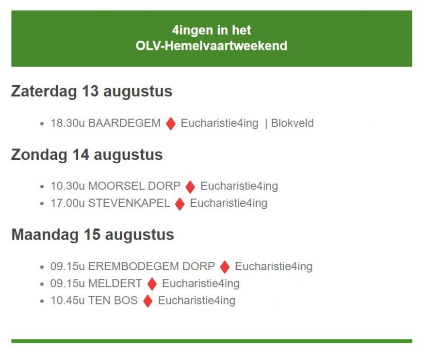 Diensten voor het weekend van OLV-Hemelvaart 2022 