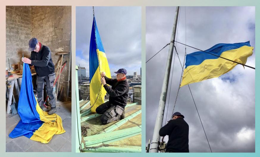 De Oekraïense vlag wordt gehesen op de kathedraal van Brussel, een klein maar betekenisvol gebaar. © Vicariaat Brussel