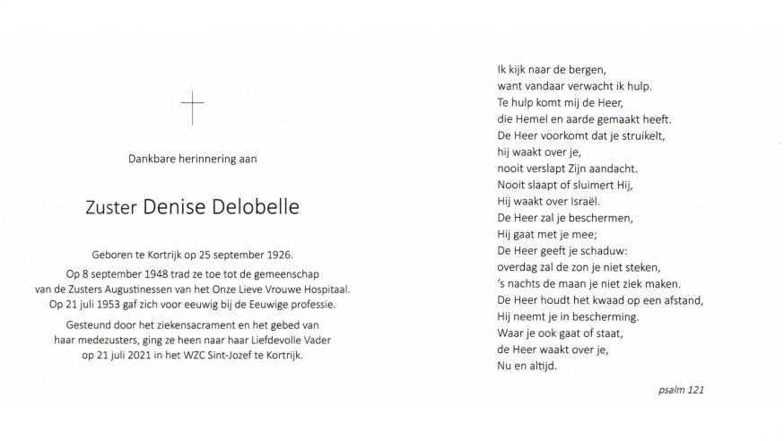 Gedachteniskaartje Zr Denise Delobelle 