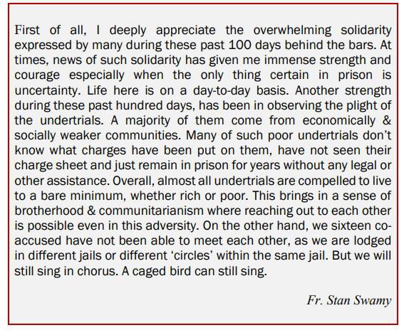 Het briefje dat pater Stan Swamy vanuit de gevangenis schreef © RR