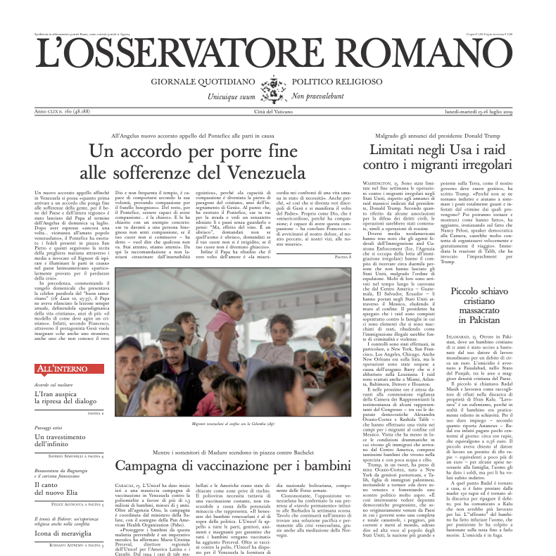 Voorpagina van de Italiaanse editie van L'Osservatore Romano © Zenit/OSR Voorpagina van de Italiaanse editie van L'Osservatore Romano © Zenit/OSR