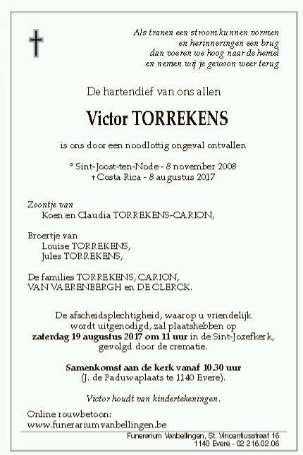 Overlijdensbricht Victor Torrekens © De Standaard