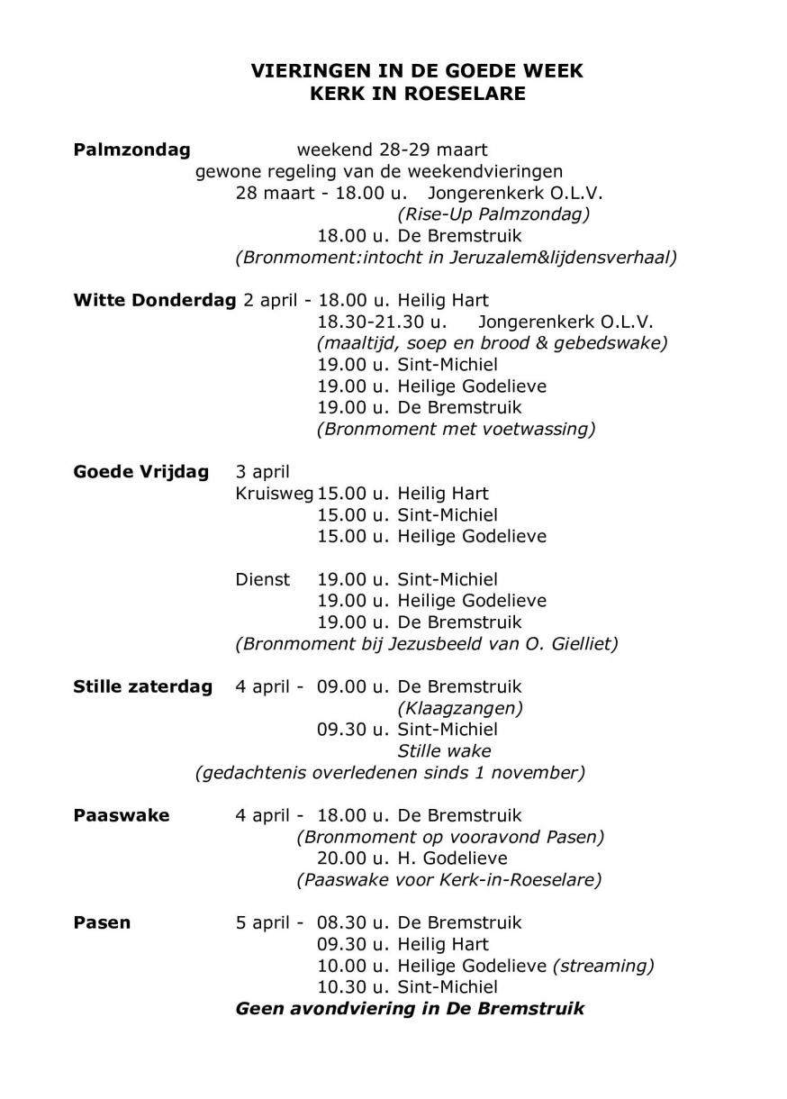 Overzicht vieringen Goede Week 2026, Kerk-in-Roeselare 