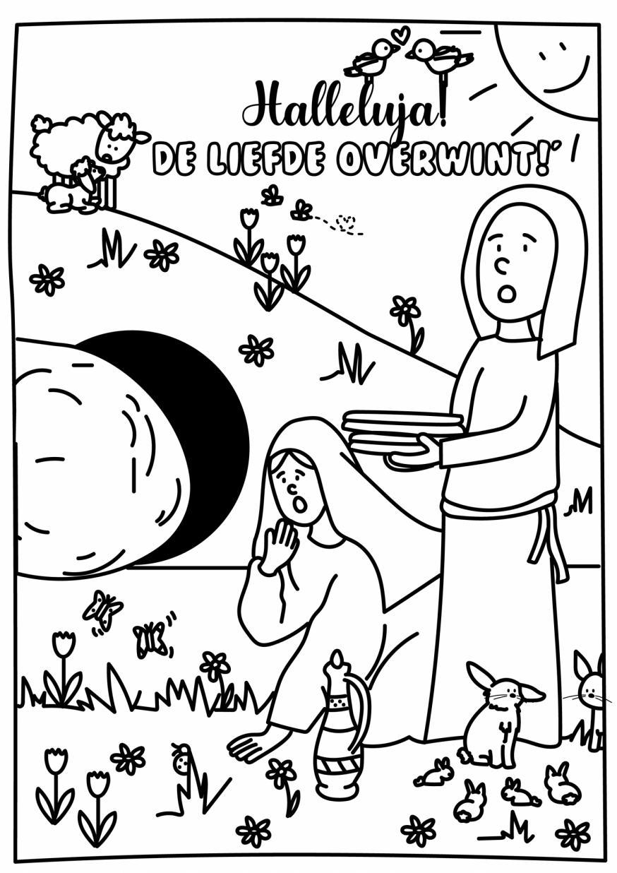 Maria Magdalena en Jezus' moeder schrikken als ze zien dat het graf leeg is. Waar zijn ze met Jezus' lichaam naartoe? De dieren weten het al. Zie je hoe blij ze zijn?  © GRAAG Design