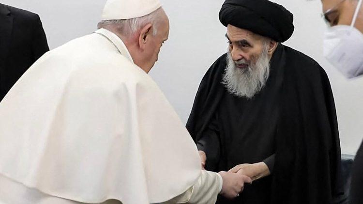 Paus Franciscus in Najaf op bezoek bij de sjiitische grootayatollah Ali Al-Hoessein al-Sistani © VaticanNews
