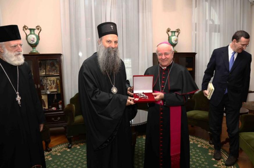 De Servisch-orthodoxe patriarch Porfirije met aartsbisschop Vicenzo Paglia © Sant'Egidio