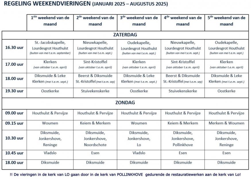 Regeling weekendvieringen januari 2025 tot en met augustus 2025. 