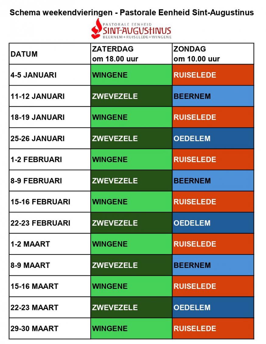 Schema weekendvieringen in de Pastorale Eenheid Sint-Augustinus 
