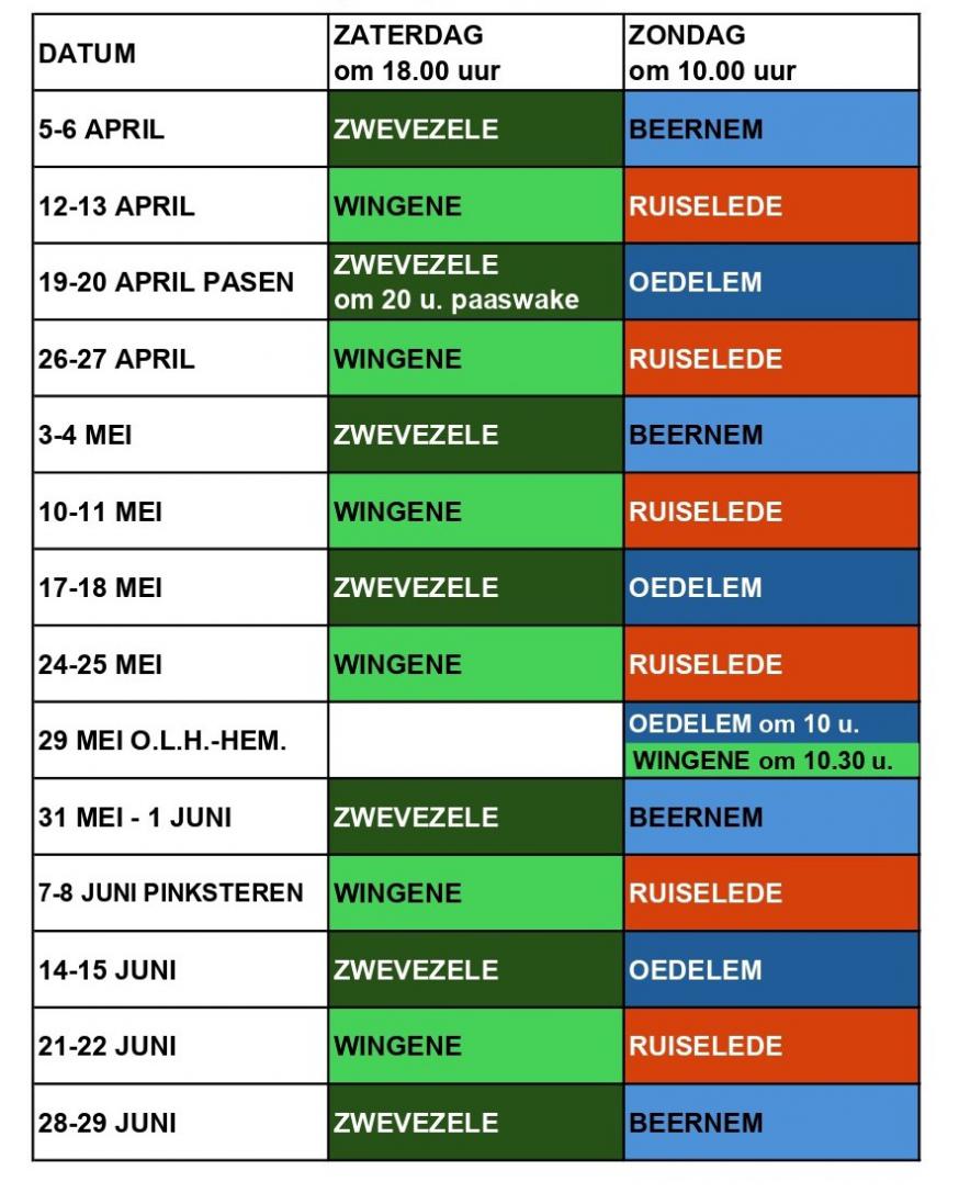 Schema weekendvieringen in de Pastorale Eenheid Sint-Augustinus 