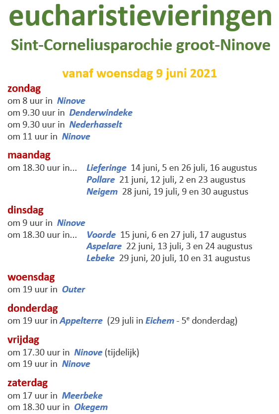 Schema eucharistievieringen in groot-Ninove - zomer 2021 © Alexander Vandaele