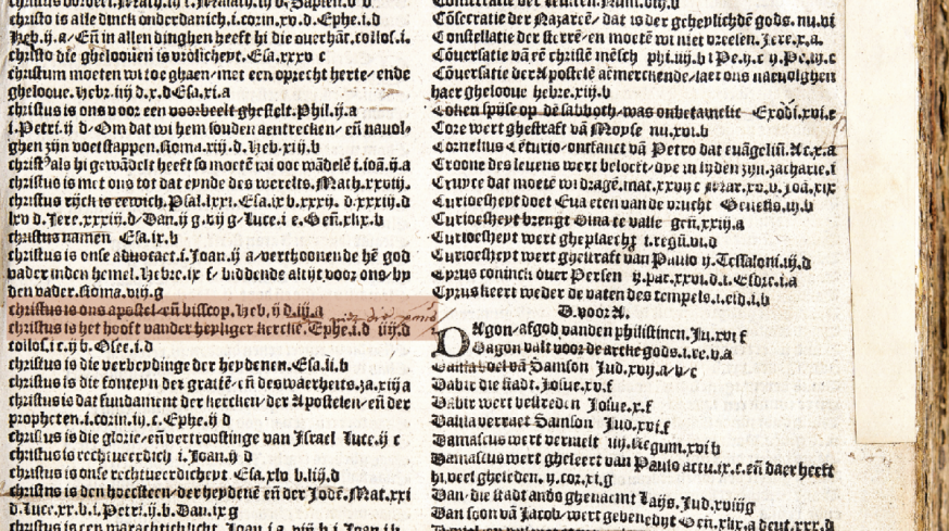 "Een van de lemma’s is ‘Christus staat aan het hoofd van de kerk’, waaraan de lezer toevoegt: ‘ende niet de paus’” © Maurits Sabbebibliotheek KU Leuven "Een van de lemma’s is ‘Christus staat aan het hoofd van de kerk’, waaraan de lezer toevoegt: ‘ende niet de paus’” © Maurits Sabbebibliotheek KU Leuven