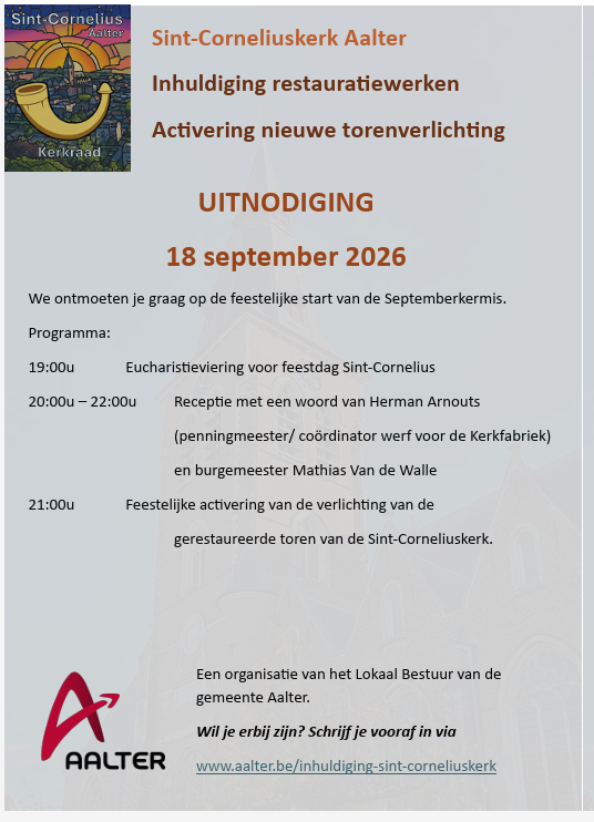 Flyer heropening Toren Corneliuskerk © Kerkfabriek St-Cornelius Aalter & Gemeente Aalter