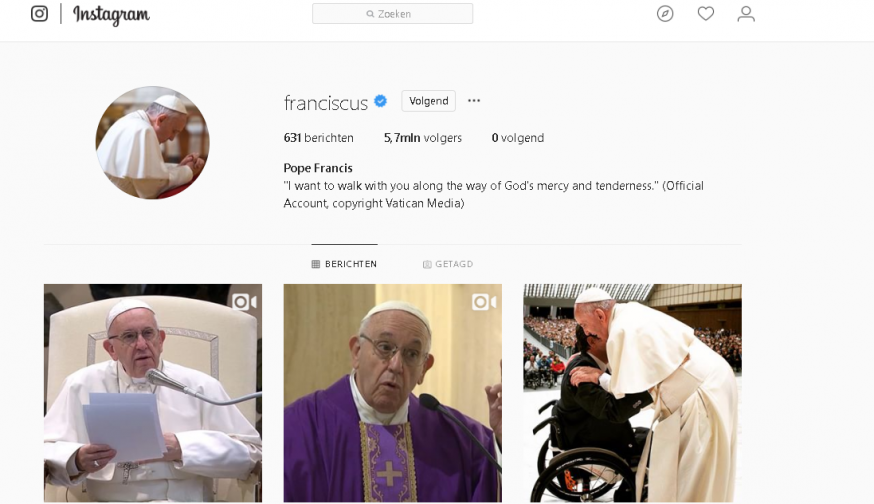 Paus Franciscus op Instagram © Instagram
