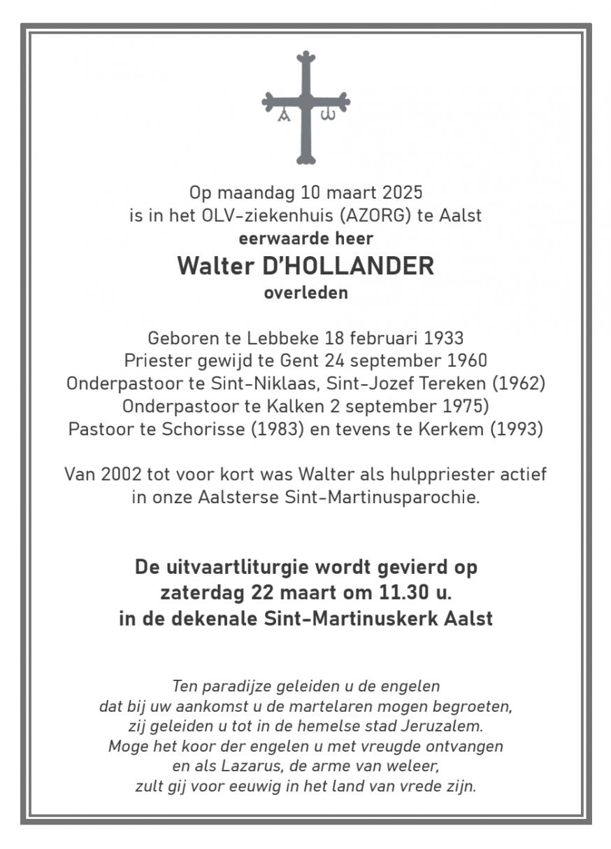 Priester Walter D'hollander overlijdensbericht 