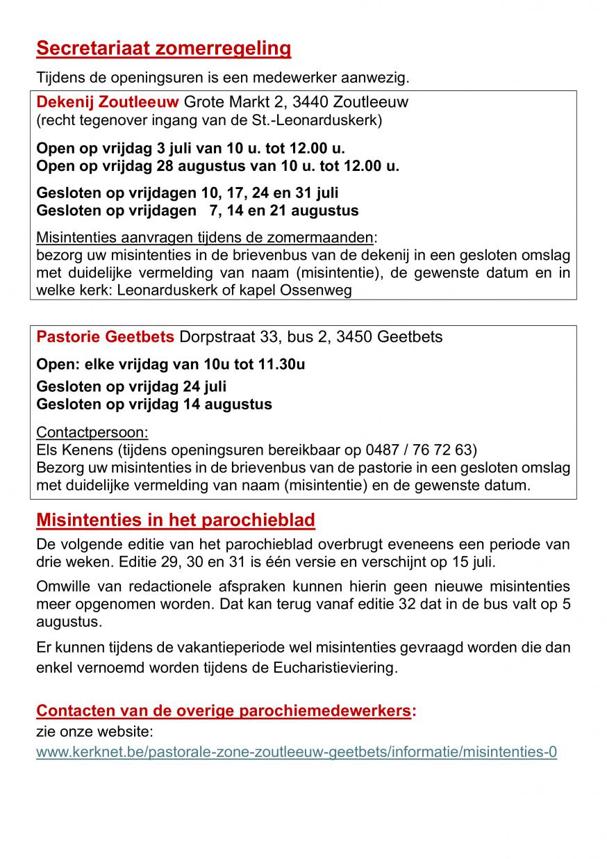 Secretariaat zomerregeling  © pastorale zone Zoutleeuw-Geetbets