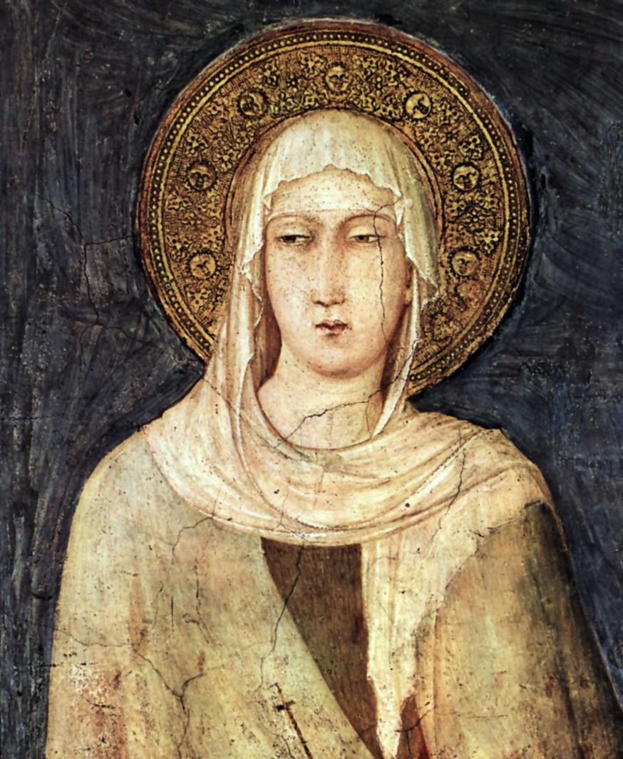 Fresco van Clara van Assisi door Simone Martini in een kapel in Assisi (14de eeuw). © CC Wikimedia Fresco van Clara van Assisi door Simone Martini in een kapel in Assisi (14de eeuw). © CC Wikimedia