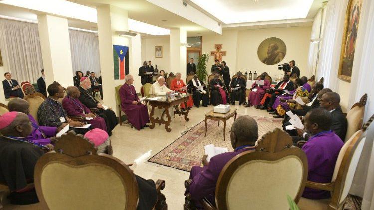 Paus Franciscus nodigde de belangrijkste Zuid-Soedanese leiders uit voor een bezinningsdag in Rome © Vatican Media