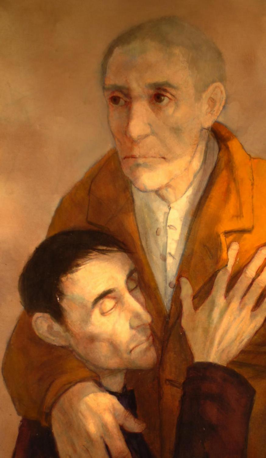 Le retour de l’enfant prodigue - Michel Ciry, 1966, olieverf op schilderdoek, 161 cm op 97 cm. © BBK - Michel Ciry (1919-2018) Let op de ‘taal’ van de handen. De ‘beschermende’ hand links, de ‘vragende’ hand rechts. 