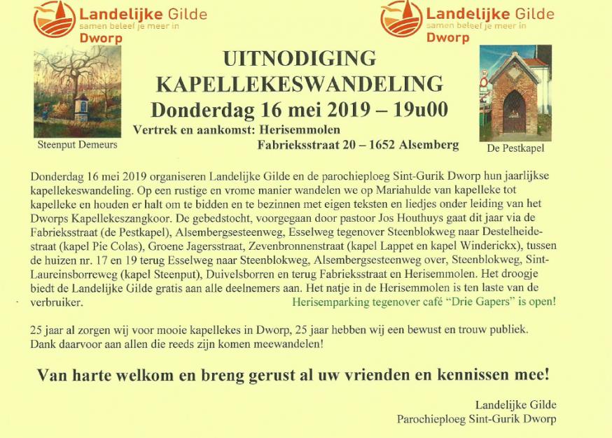 UItnodiging 25ste Kapellekeswandeling op 16 mei, met beschrijving van het gevolgde parcours 