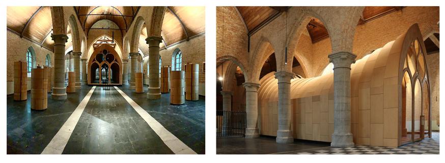 Links inkom kerk - rechts het "Dorpshuis de Seizoenen" van architectenbureau D’Hooghe-Meganck. © Parcum