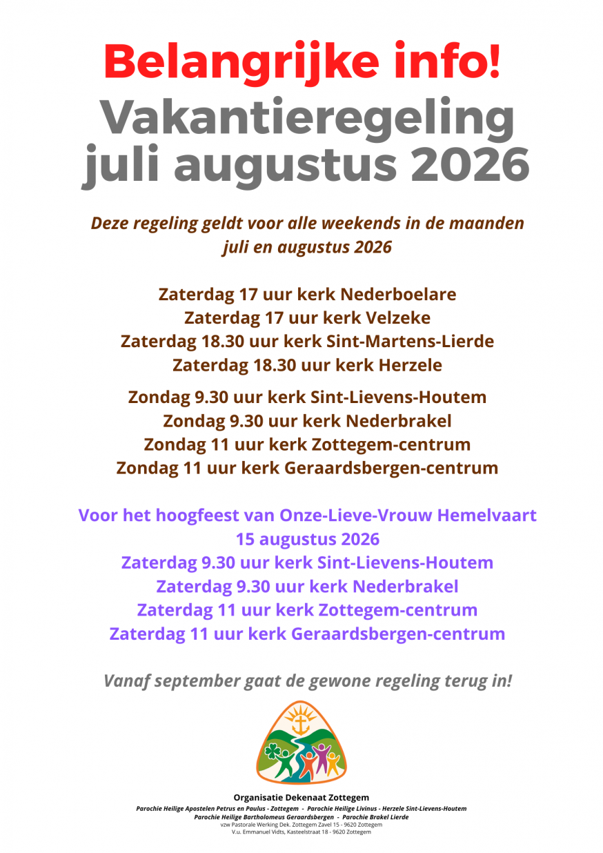 vakantieregeling juli en augustus 2026 dekenaat Zottegem © EmVi