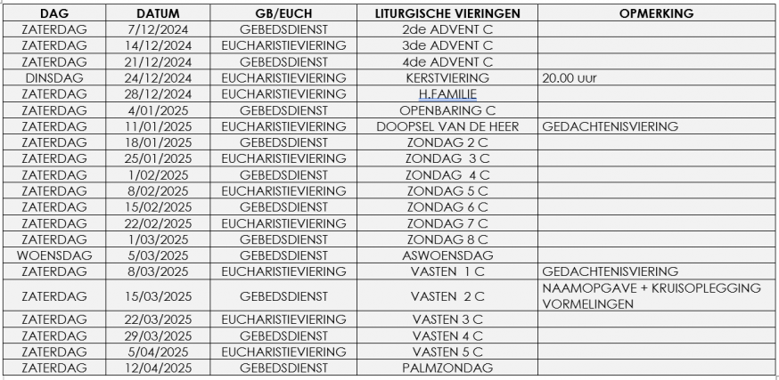 Liturgische vieringen in onze Kerk 