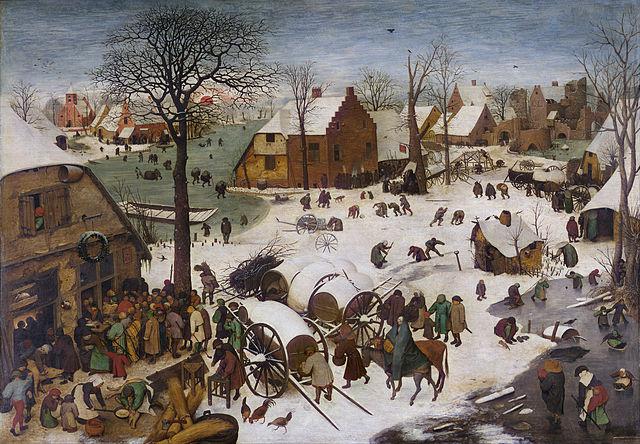 Volkstelling te Betlehem door Pieter Bruegel de Oude © Wikipedia. Het schilderij gemaakt in olieverf dateert van 1566 en is te bewonderen in de Koninklijke Musea voor Schone Kunsten van België te Brussel.