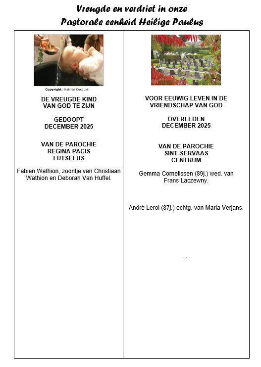 Vreugde en verdriet in onze Pastorale eenheid H. Paulus december 2025 