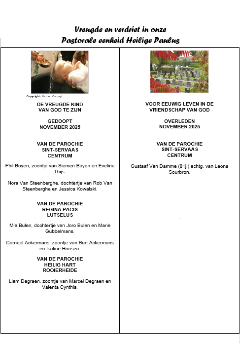 Vreugde en verdriet in onze Pastorale eenheid H. Paulus novemberi 2025 