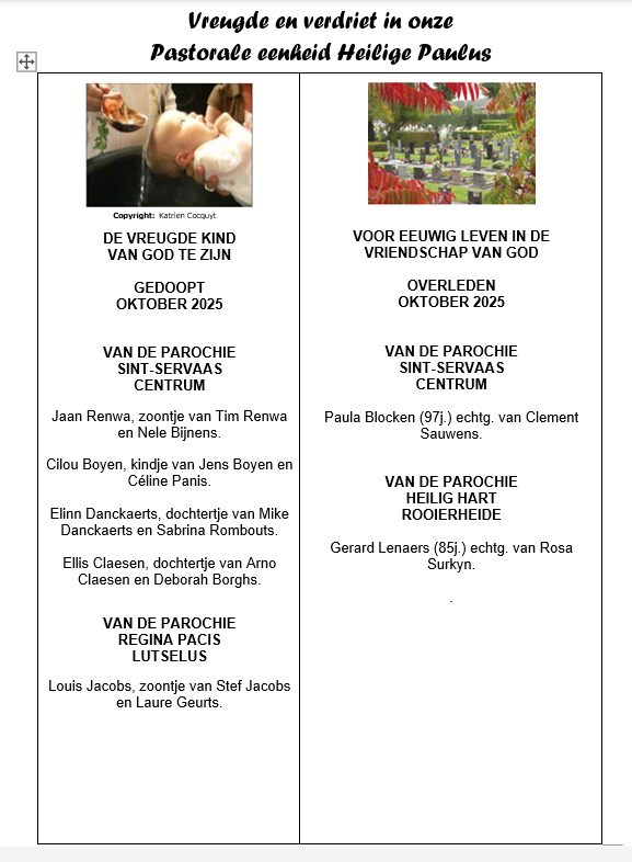 Vreugde en verdriet in onze Pastorale eenheid H. Paulus oktober 2025 